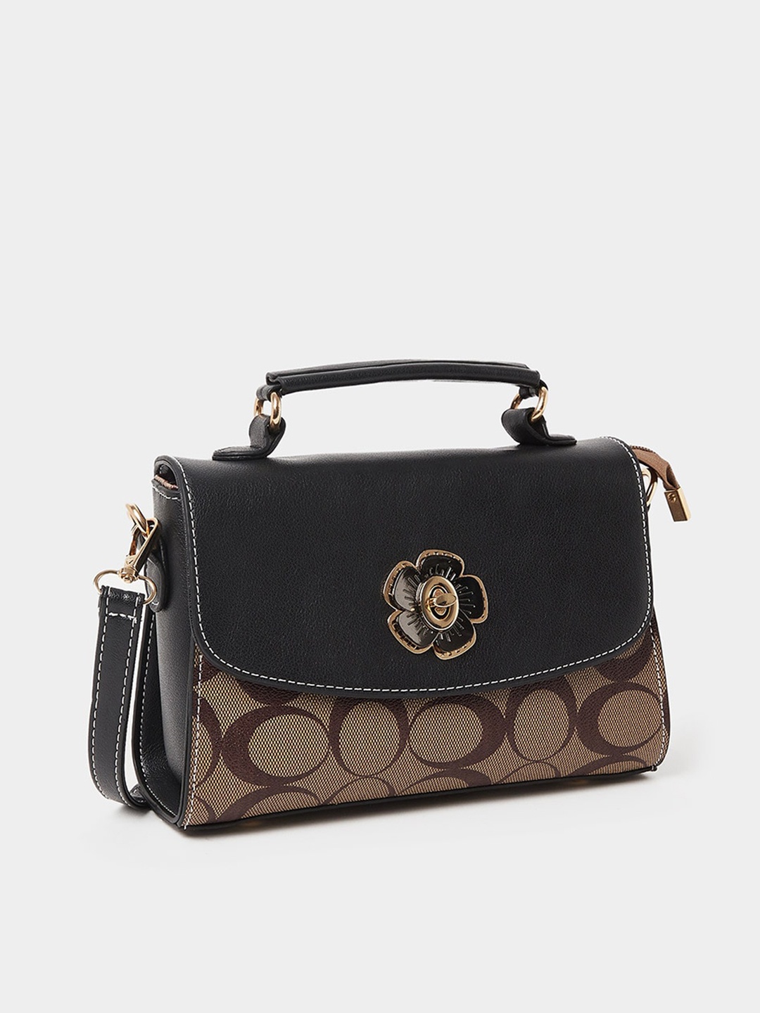 

Styli Printed Structured Buckle Detail Satchel With Twist Closure, Black