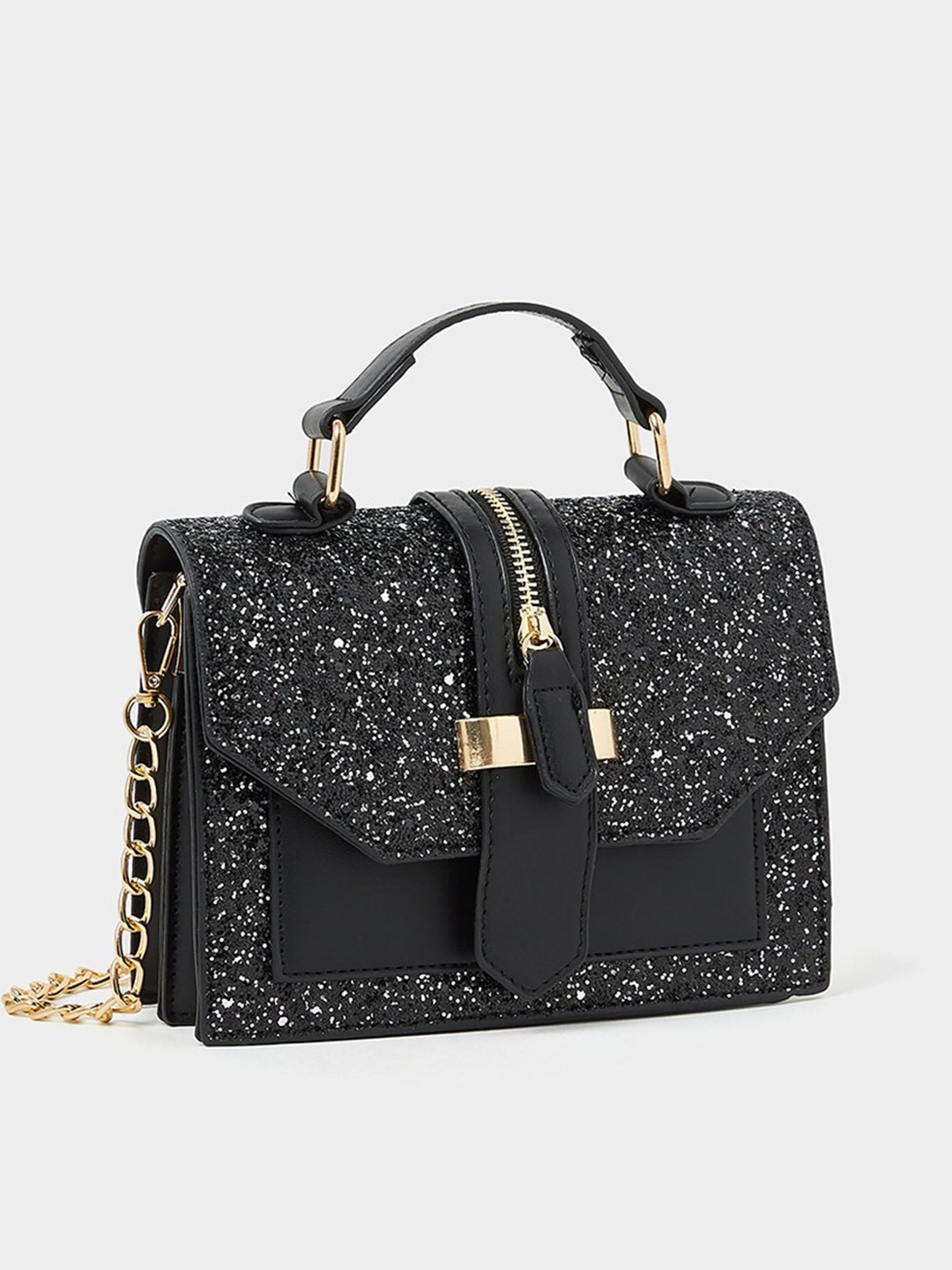 

Styli Embellished Structured Satchel With Buckle Detail, Black