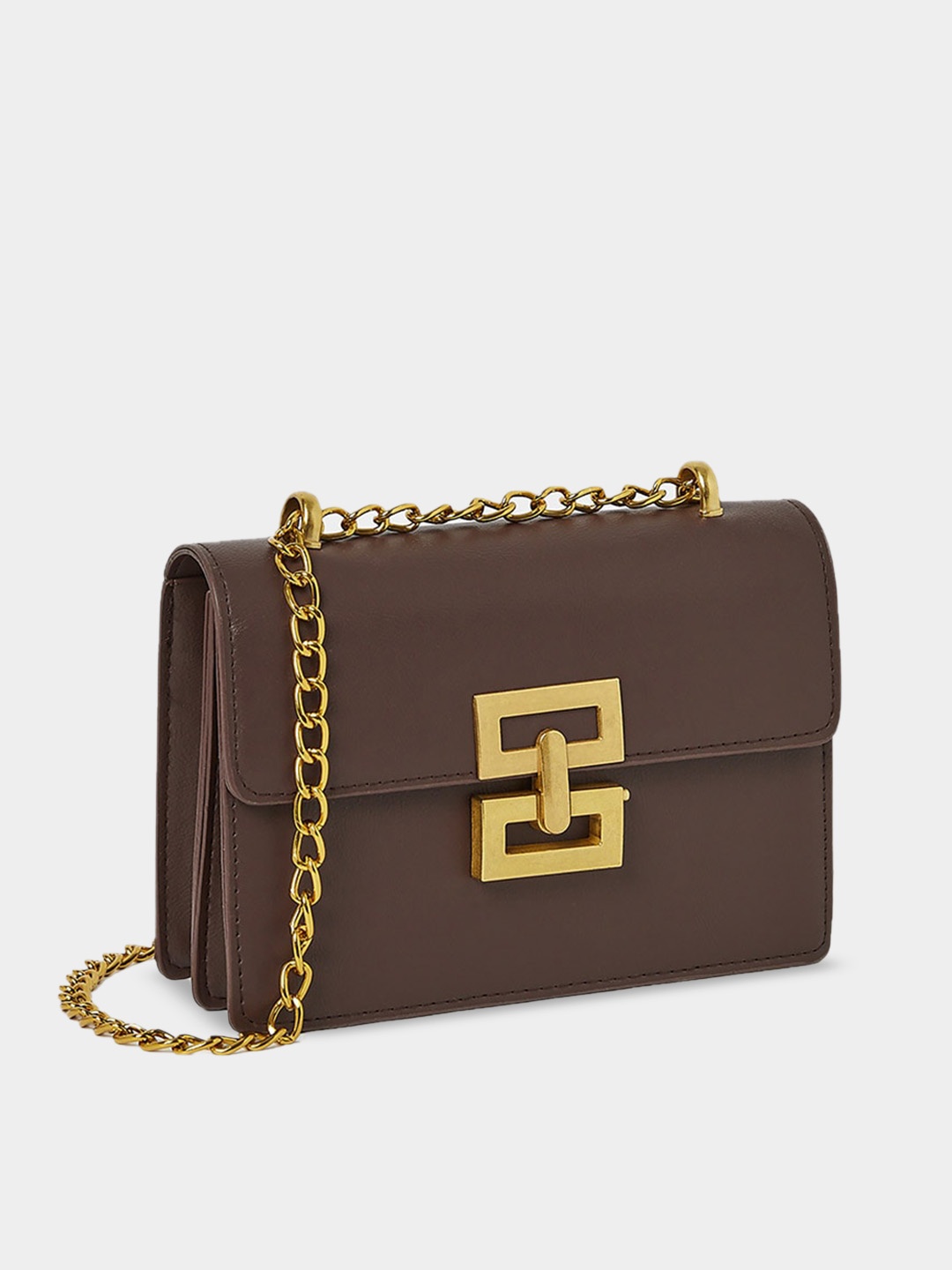 

Styli Structured Buckle Detail Sling Bag With Chain Strap, Brown