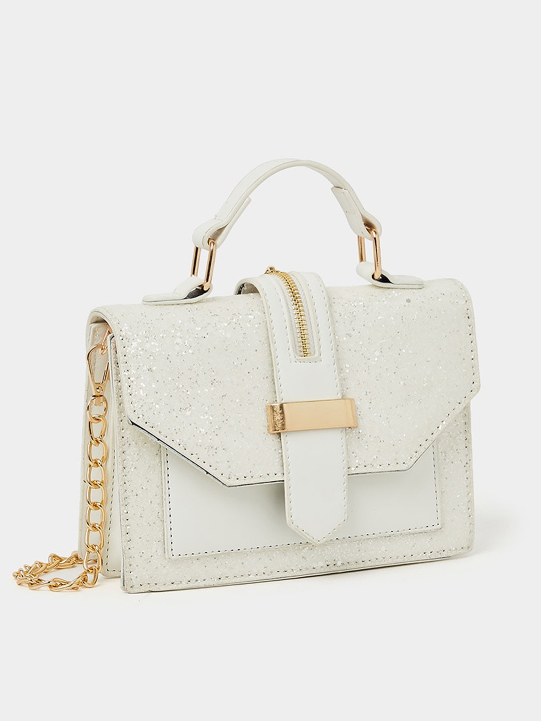 

Styli Embellished Structured Satchel With Buckle Deatil, White