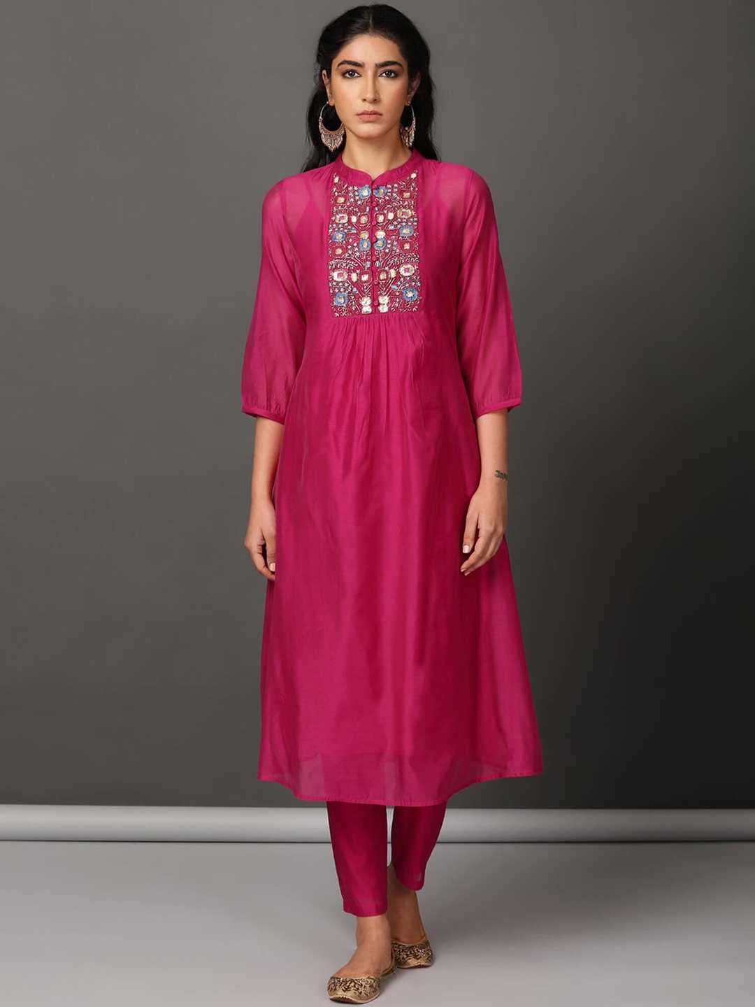 

NUHH Ethnic Motifs Yoke Design Regular Thread Work A-Line Kurta With Trousers, Fuchsia