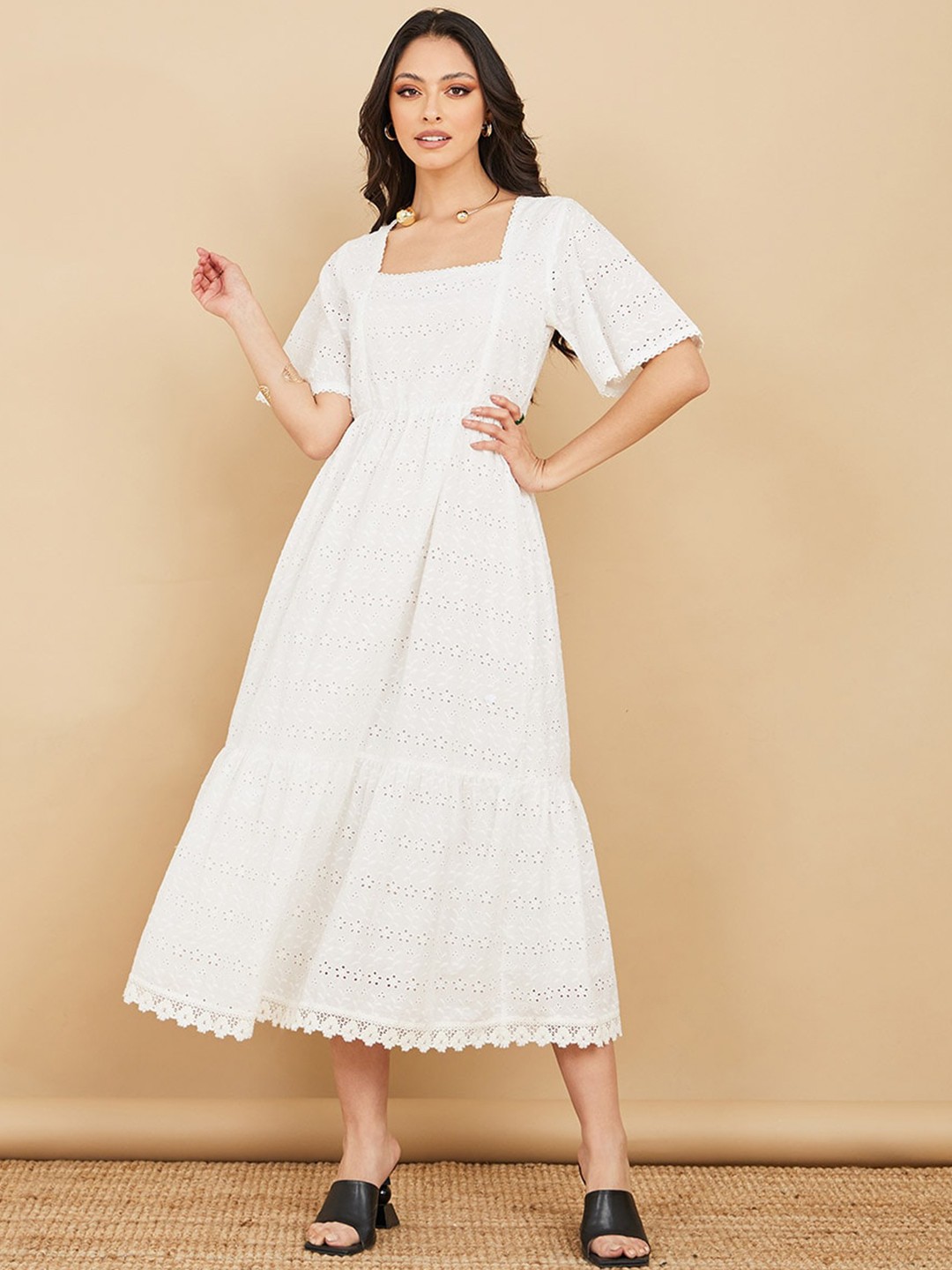 

Styli Self Design Square Neck Flared Sleeve Pure Cotton Fit & Flare Midi Dress, White