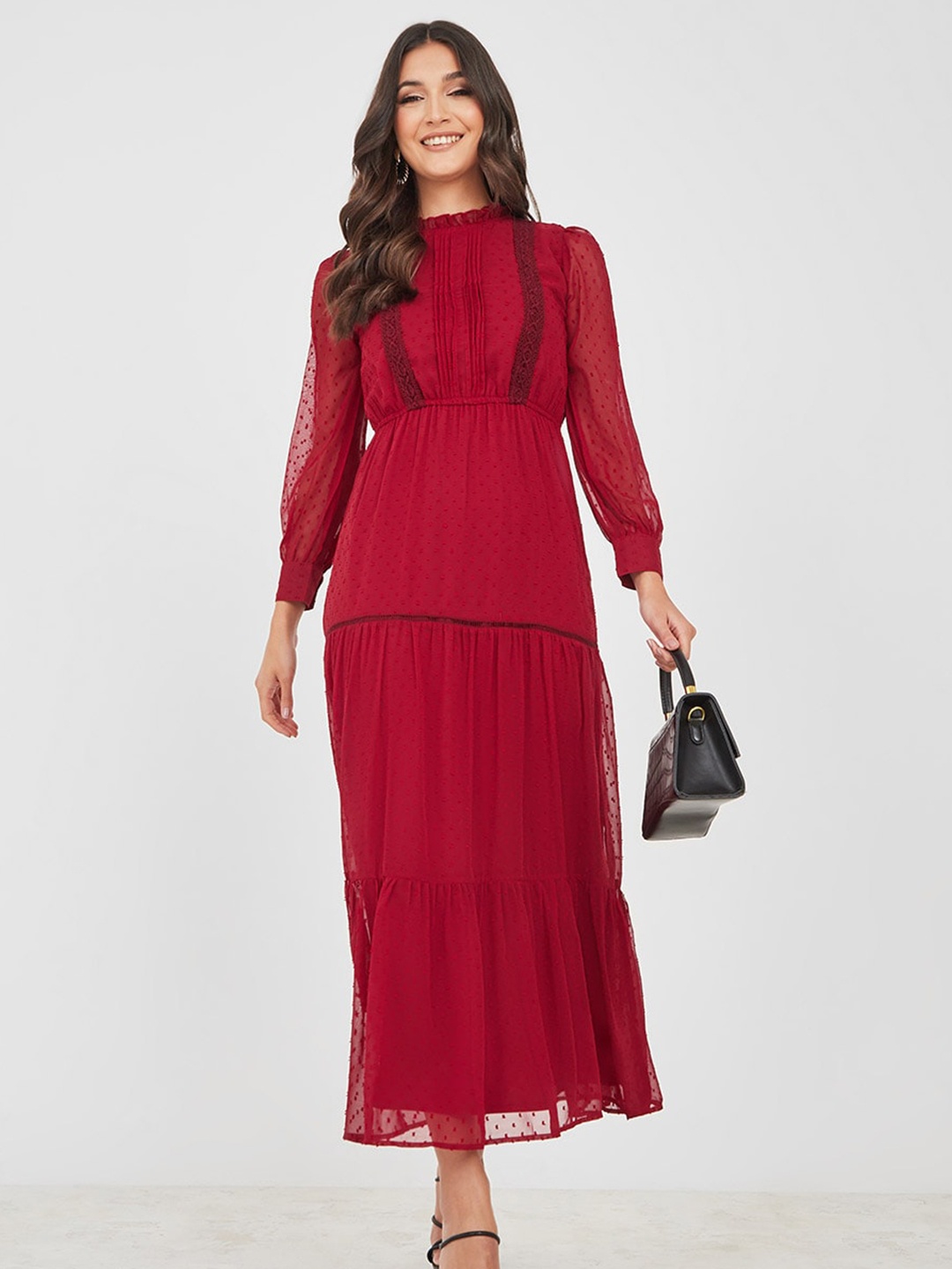 

Styli Self Design High Neck Puffed Sleeves Maxi Dress, Maroon