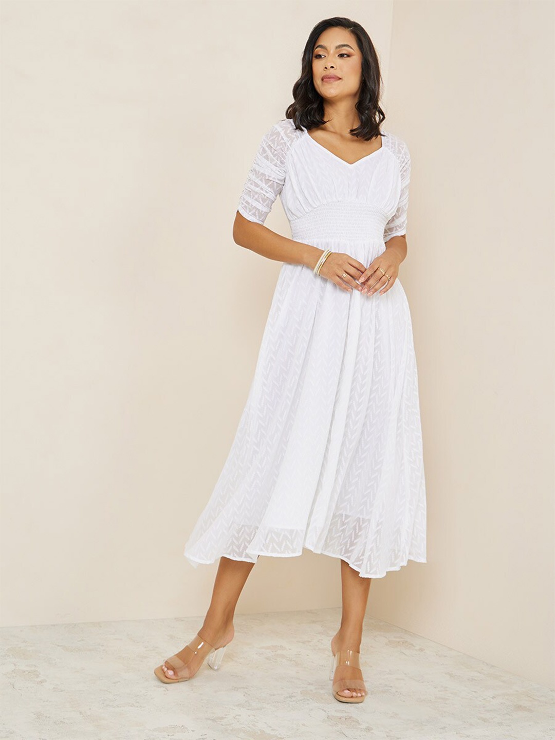 

Styli Self Design Sweetheart Neck Smocking Midi Fit & Flare Dress, White