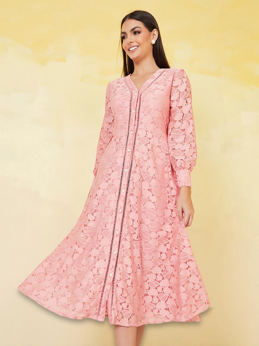 

Styli Floral Printed Puffed Sleeves A-Line Midi Dress, Pink