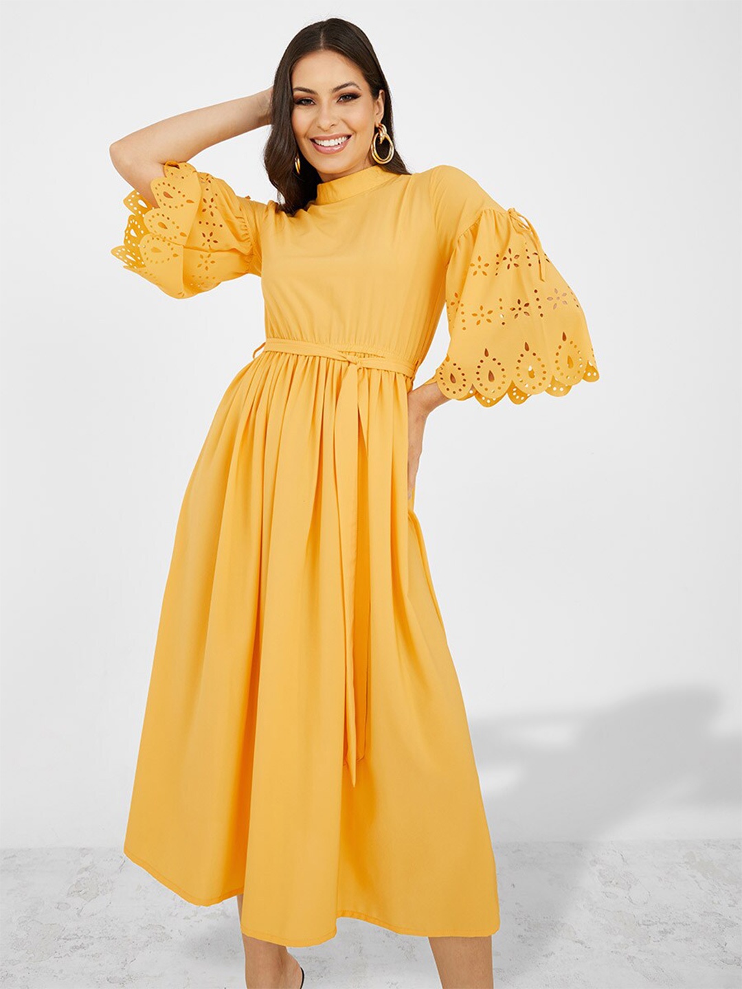 

Styli High Neck Bell Sleeves Fit & Flare Midi Dress, Yellow