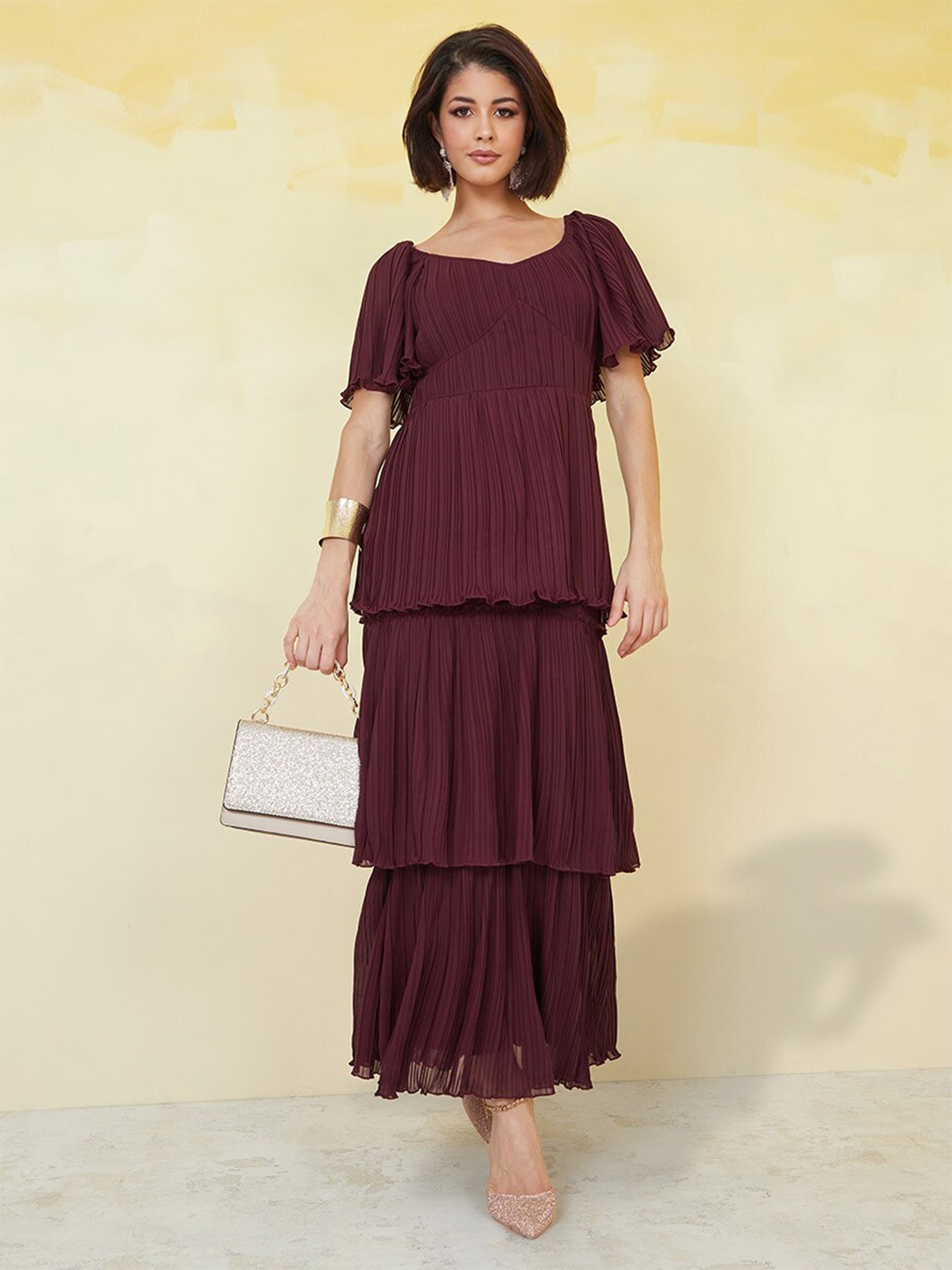

Styli Flared Sleeves Layered Maxi Dress, Maroon