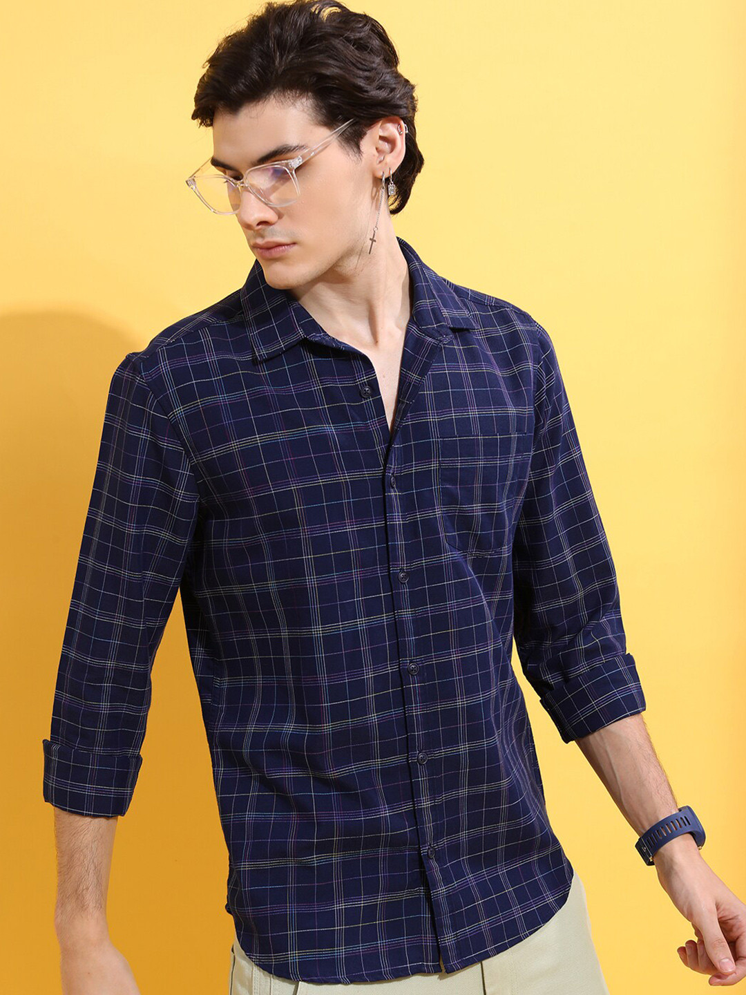 

HIGHLANDER Men Navy Blue Slim Fit Opaque Checked Casual Shirt