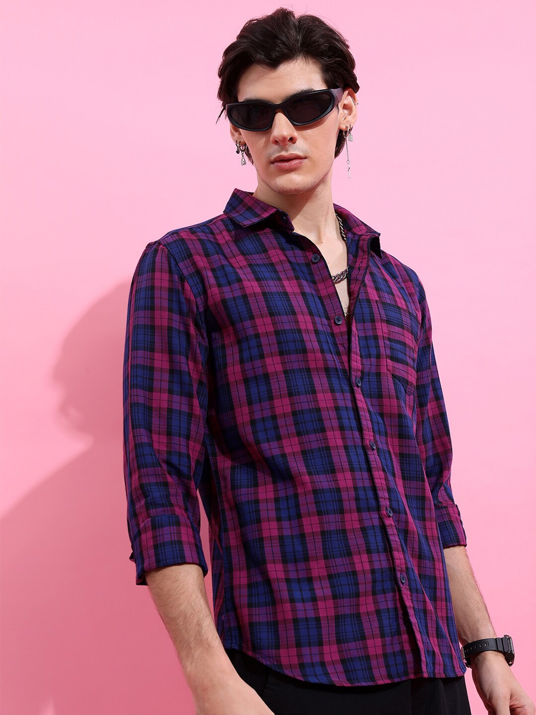 

HIGHLANDER Pink Slim Fit Tartan Checked Opaque Casual Shirt