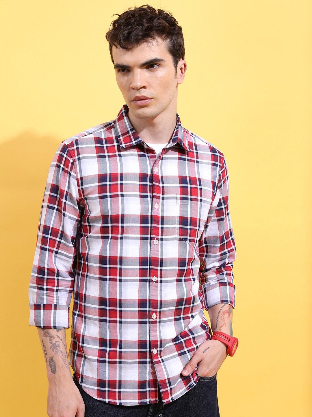 

HIGHLANDER Red Slim Fit Tartan Checked Opaque Casual Shirt