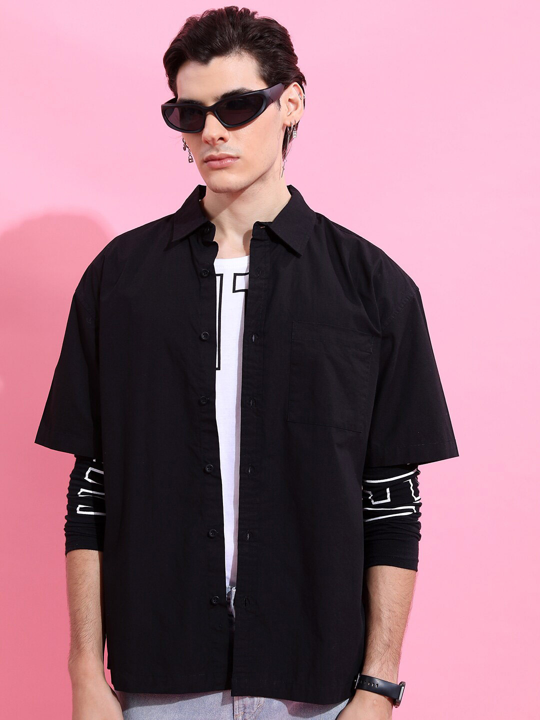 

HIGHLANDER Drop Shoulder Oversized Casual Shirt, Black
