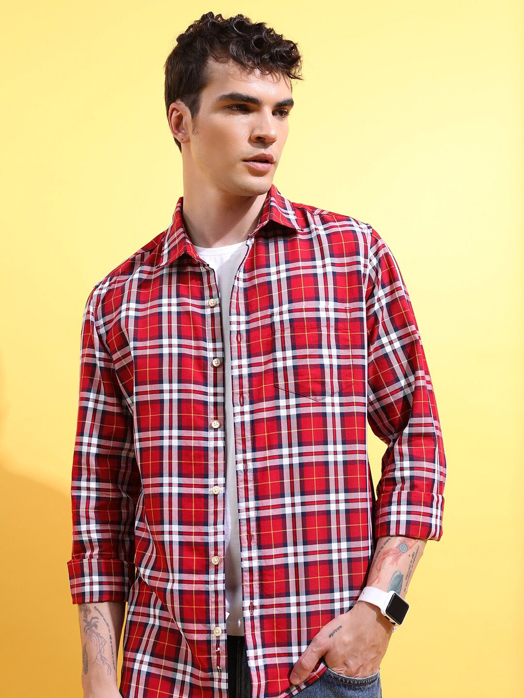 

HIGHLANDER Red Slim Fit Tartan Checked Opaque Casual Shirt
