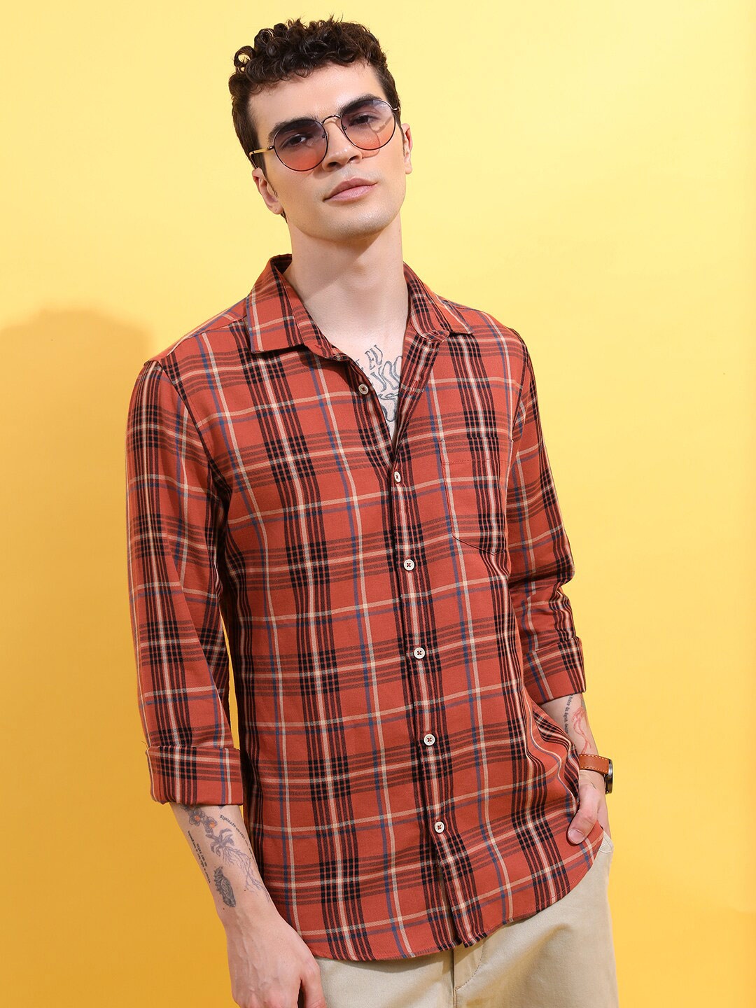 

HIGHLANDER Men Rust Slim Fit Tartan Checked Casual Shirt