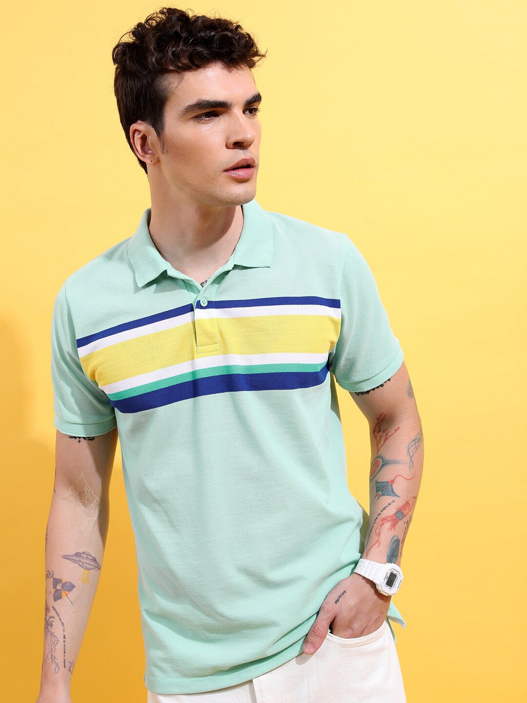 

HIGHLANDER Sea Green Striped Polo Collar Slim Fit T-Shirt