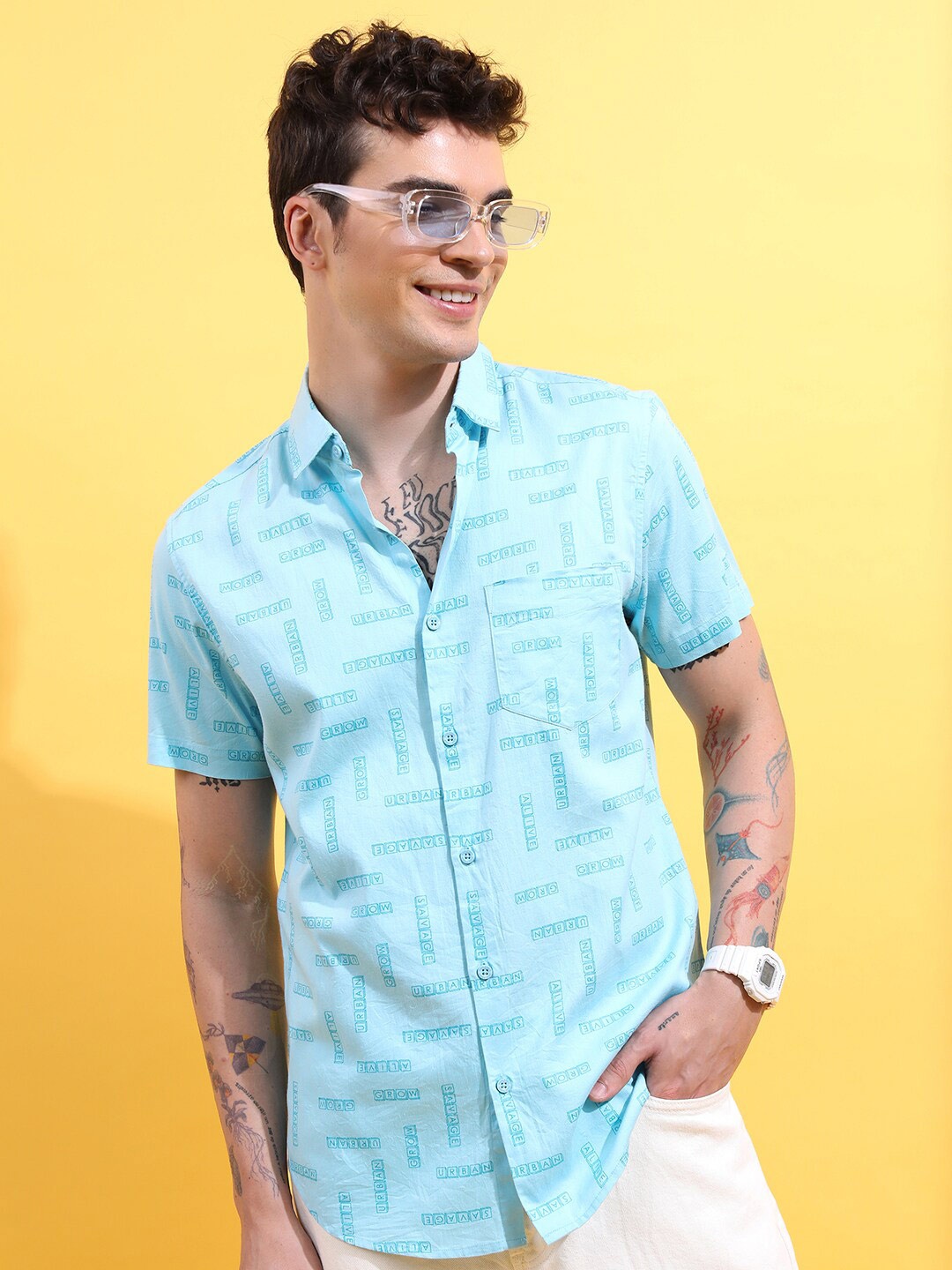

HIGHLANDER Slim Fit Printed Cotton Casual Shirt, Blue