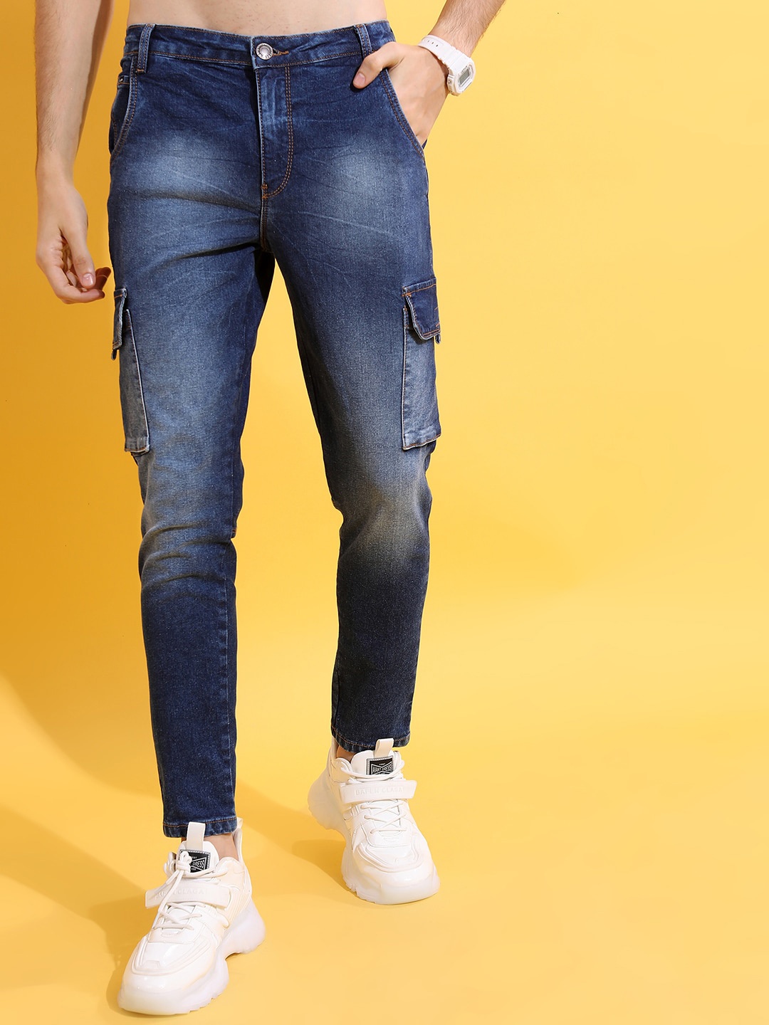 

HIGHLANDER Men Slim Skinny Ankle Length Cargo Jeans, Blue