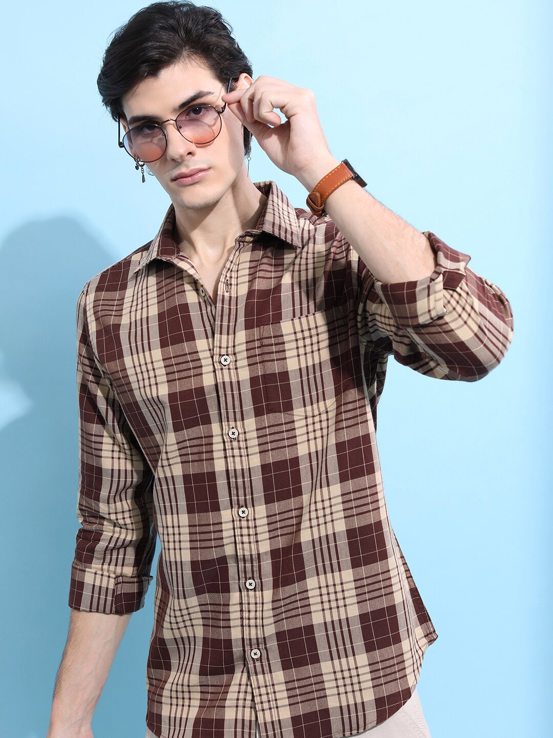 

HIGHLANDER Men Brown Slim Fit Tartan Checked Casual Shirt