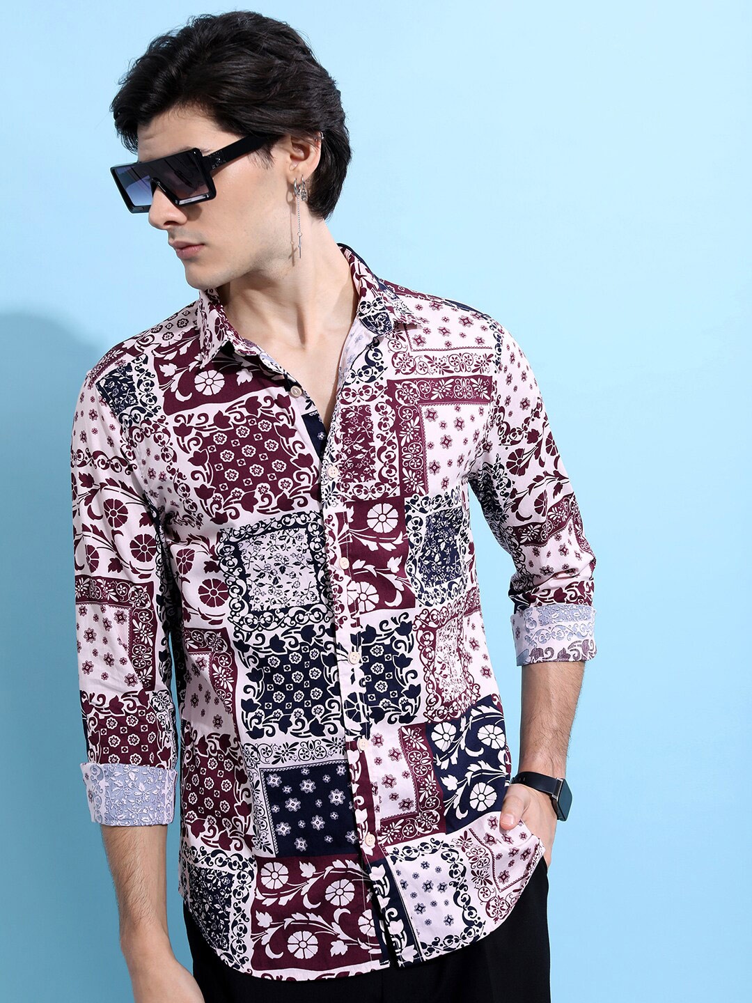

HIGHLANDER Men Pink Slim Fit Ethinic Opaque Printed Cotton Casual Shirt