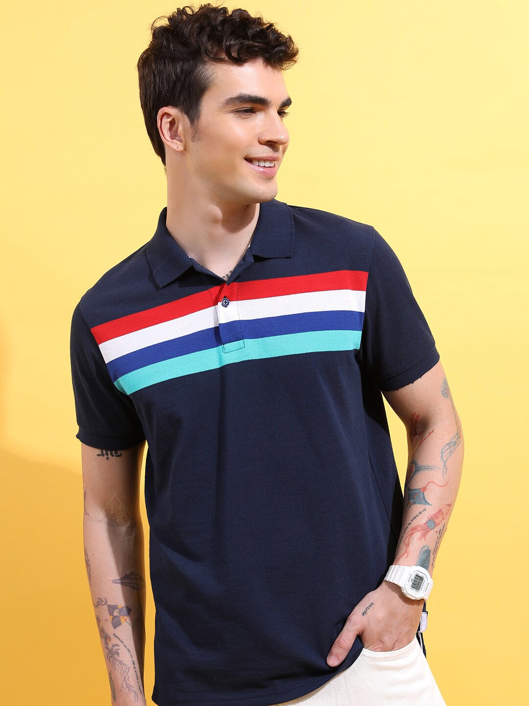 

HIGHLANDER Navy Blue Striped Polo Collar Slim Fit T-Shirt