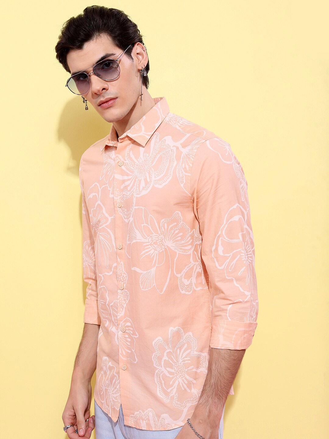 

HIGHLANDER Men Peach Slim Fit Opaque Printed Cotton Casual Shirt