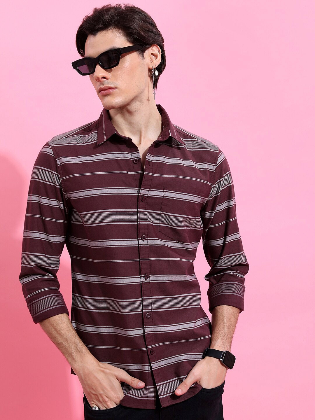 

HIGHLANDER Men Brown Slim Fit Horizontal Striped Casual Shirt