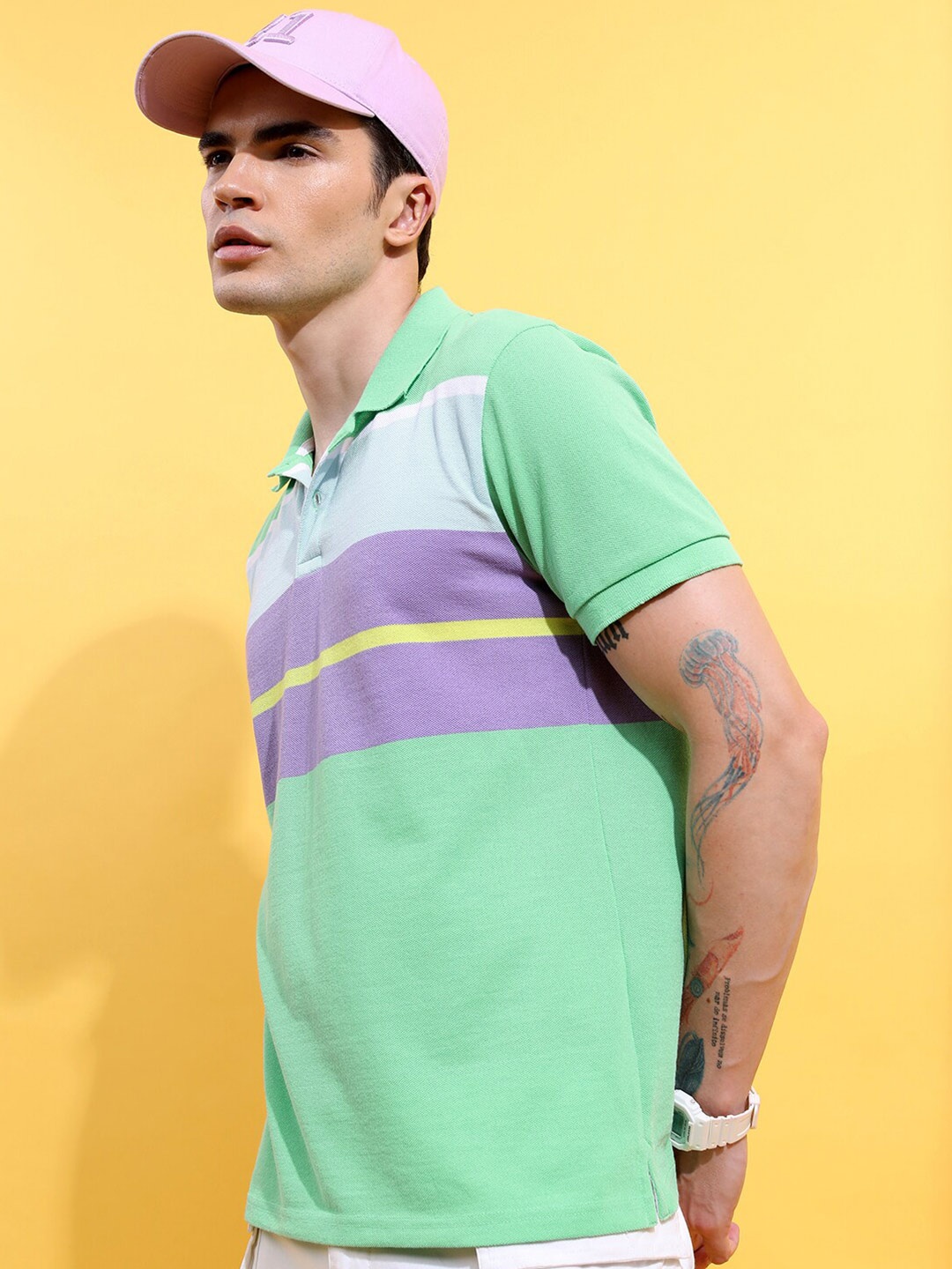 

HIGHLANDER Green Colourblocked Polo Collar Slim Fit T-Shirt