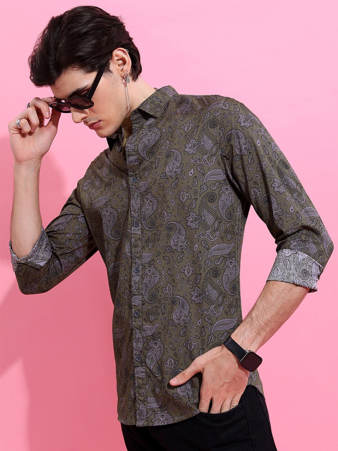 

HIGHLANDER Men Olive Slim Fit Floral Opaque Printed Cotton Casual Shirt