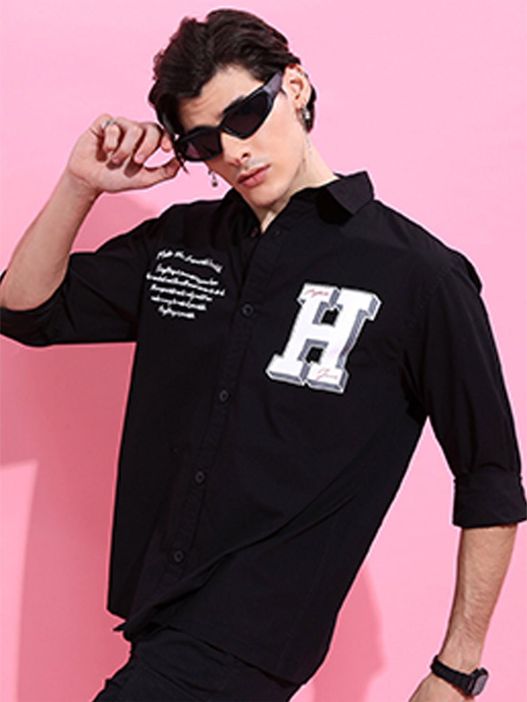 

HIGHLANDER Men Printed Oversized Drop Shoulder Casual Shirt, Black