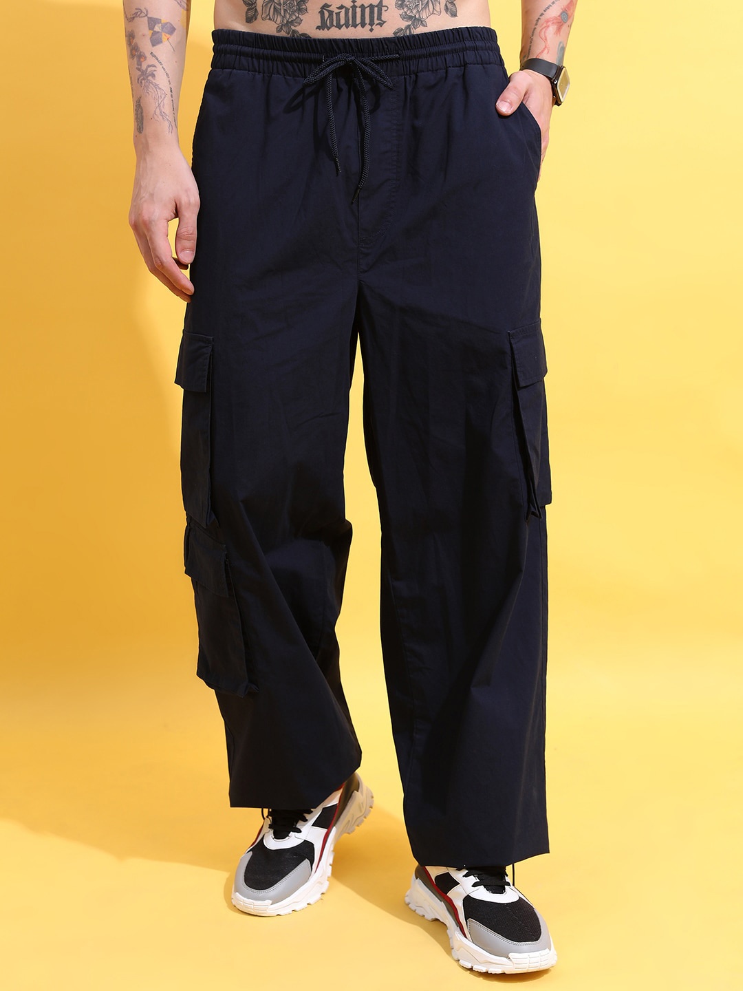 

HIGHLANDER Men Cotton Parachute Drop Crotch Relaxed Baggy Fit Cargo Jogger Trousers, Navy blue