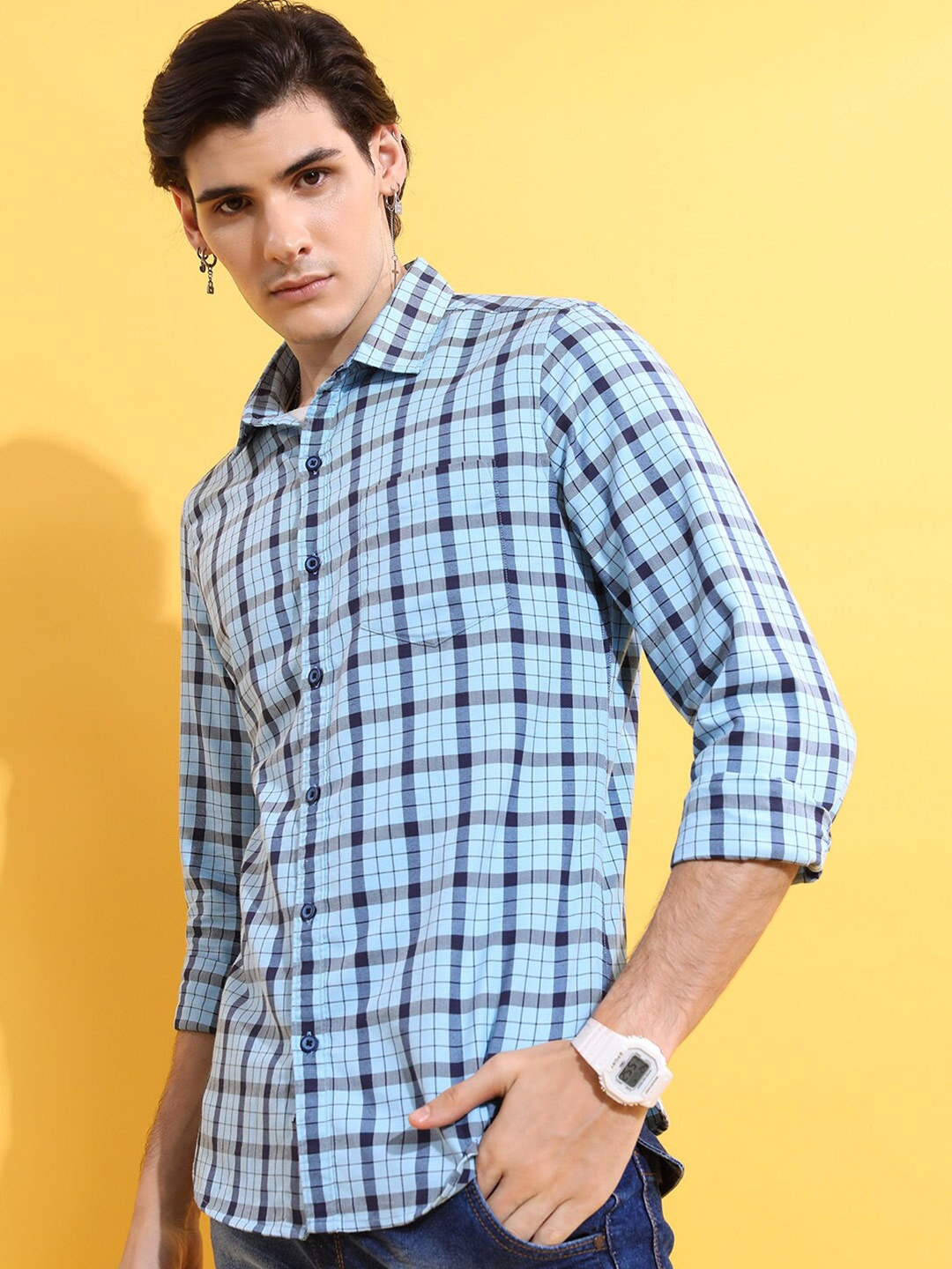 

HIGHLANDER Blue Slim Fit Tartan Checked Cotton Casual Shirt