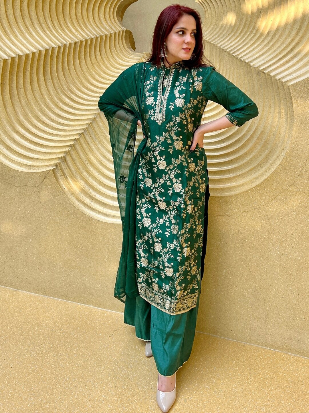 

Chhabra 555 Green Floral Woven Design Zari Unstitched Dress Material