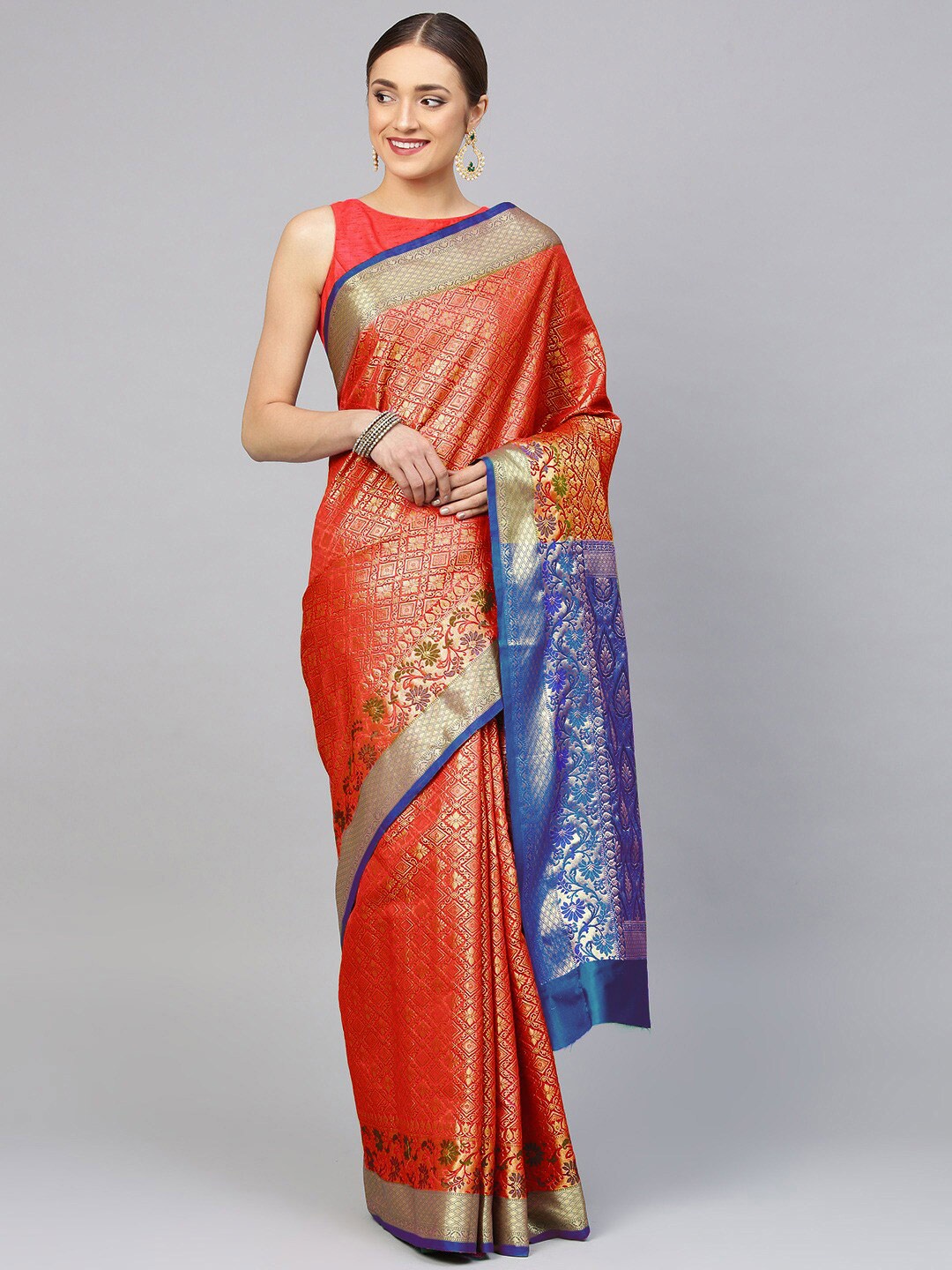 

Chhabra 555 Coral Red Ethnic motifs Woven Design Zari Banarasi Sarees