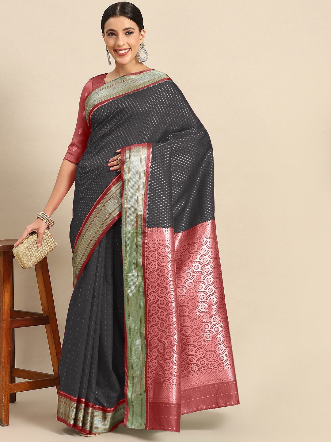 

Chhabra 555 Grey Melange Woven Design Zari Jamdani Saree