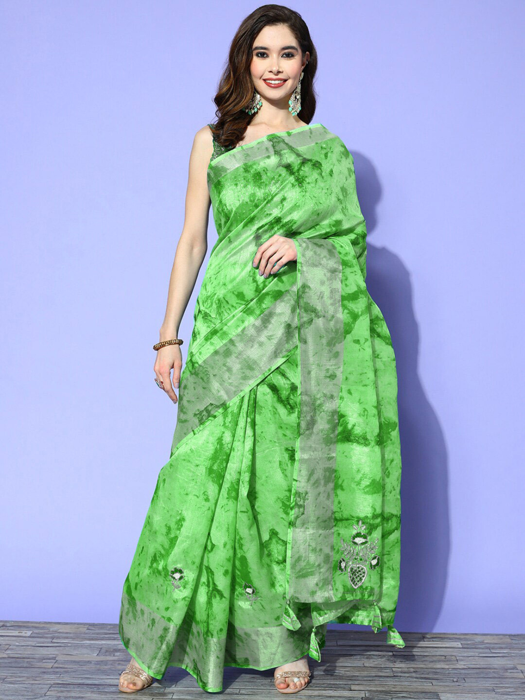 

Chhabra 555 Green Tie & Die Embroidered Silk Cotton Zari Sarees