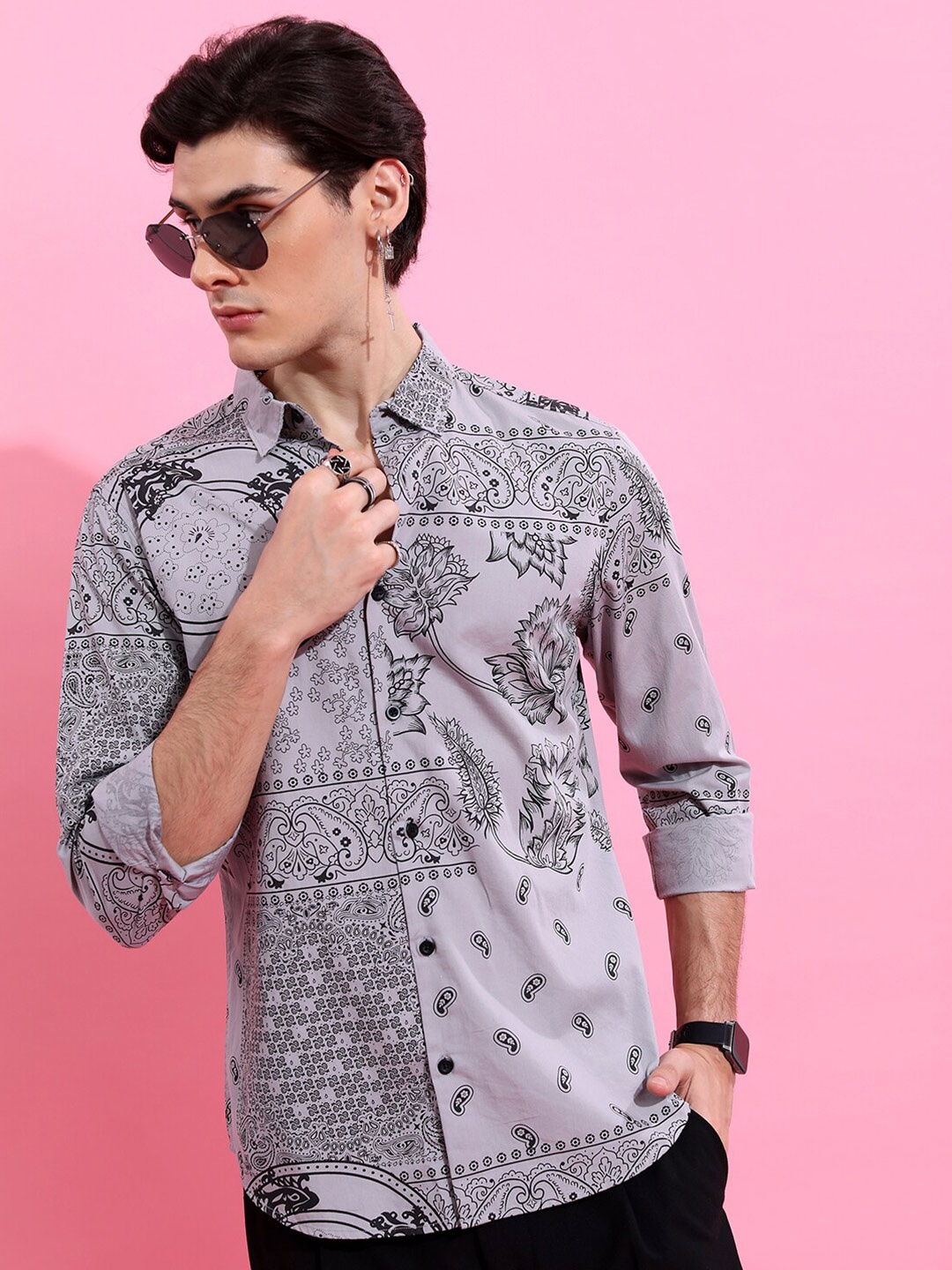 

KETCH Slim Fit Floral Printed Cotton Casual Shirt, Grey