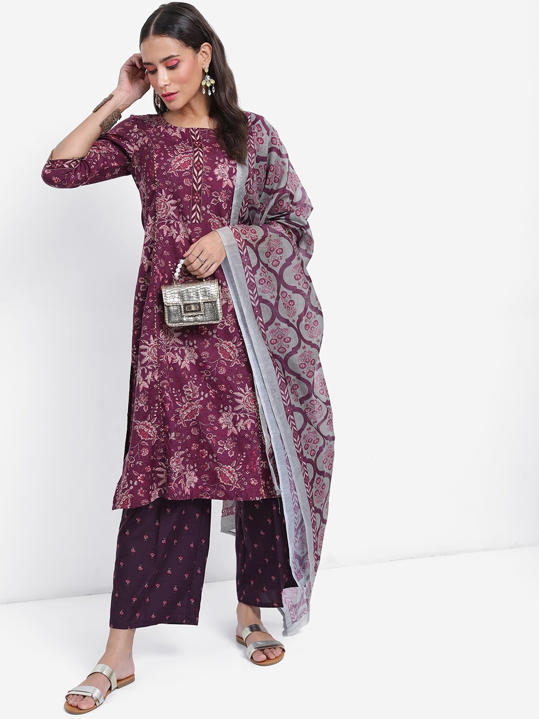 

KETCH Floral Printed Kurta With Palazzos & With Dupatta, Purple