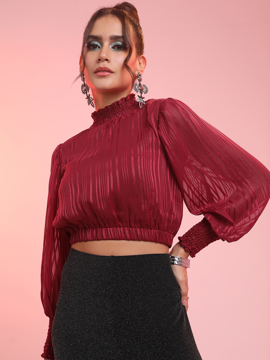

Tokyo Talkies Maroon Self Design Smocked Blouson Crop Top