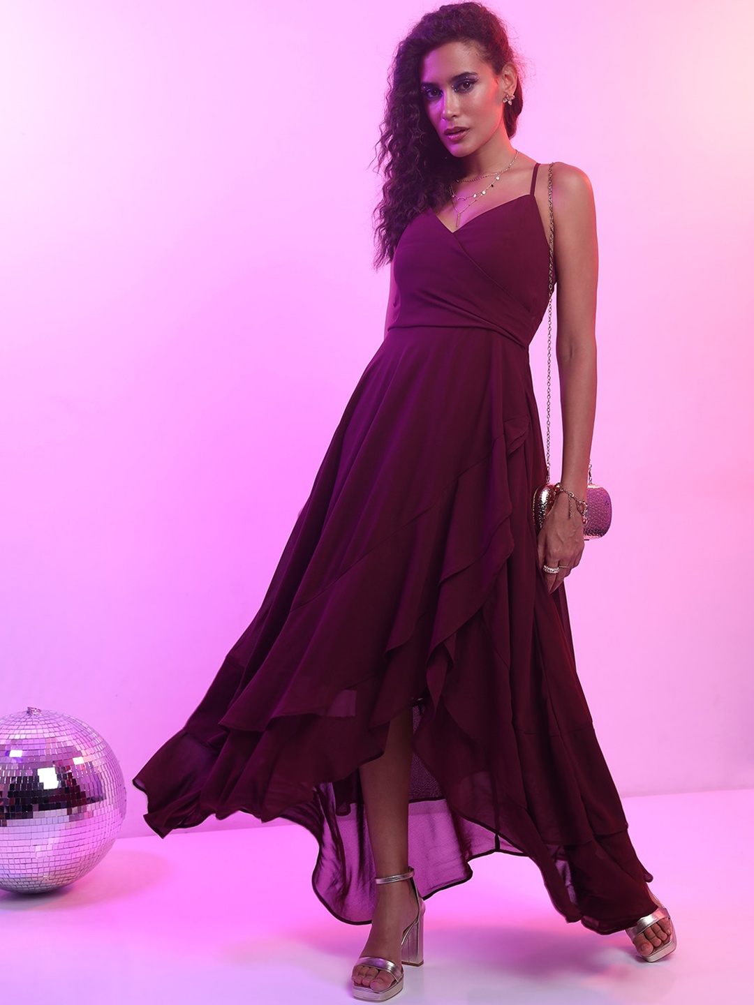 

Tokyo Talkies Burgundy Shoulder Straps Maxi Wrap Dress