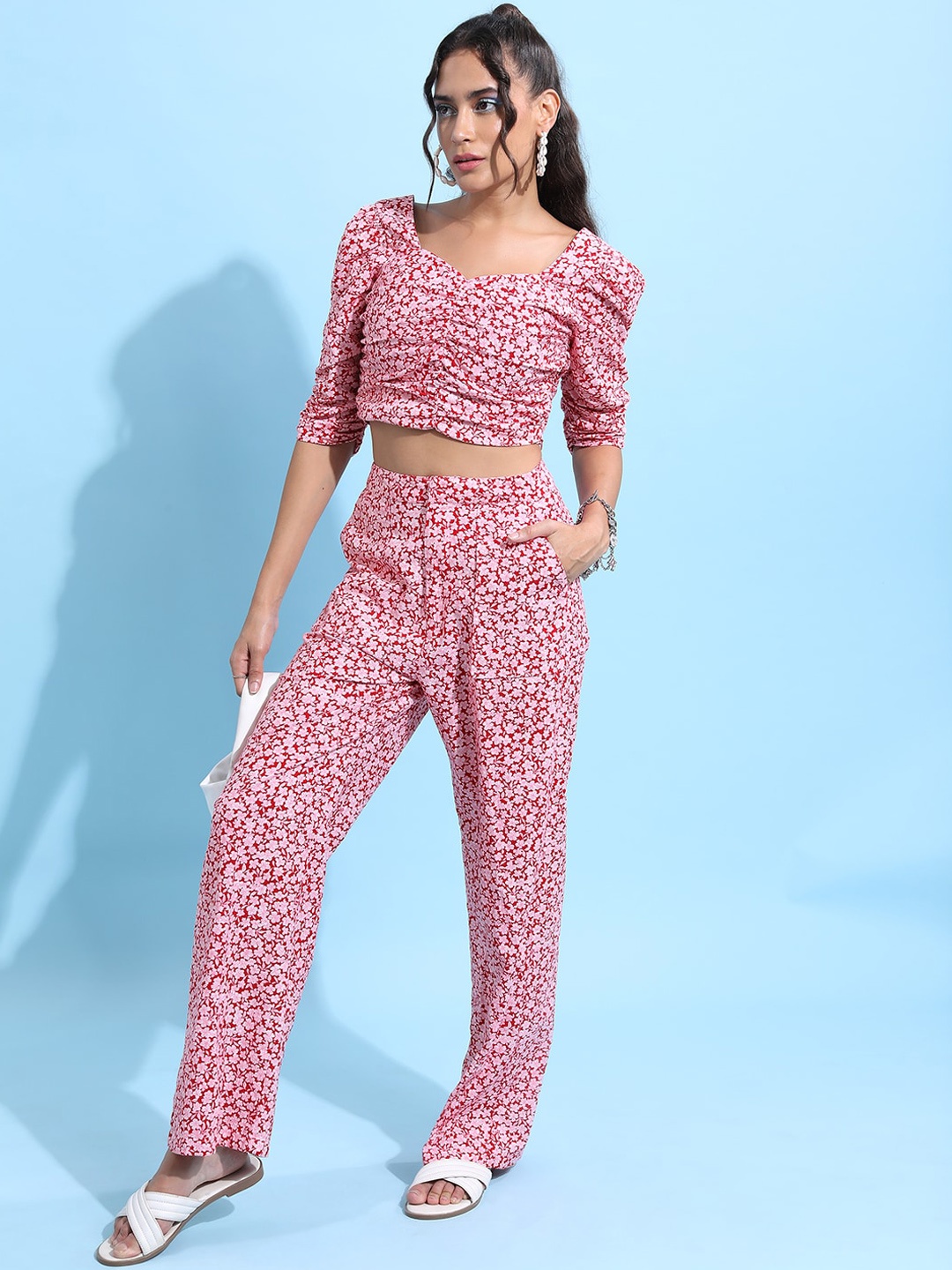 

Tokyo Talkies Pink Floral Printed Pure Cotton Crop Top & Trousers, Red