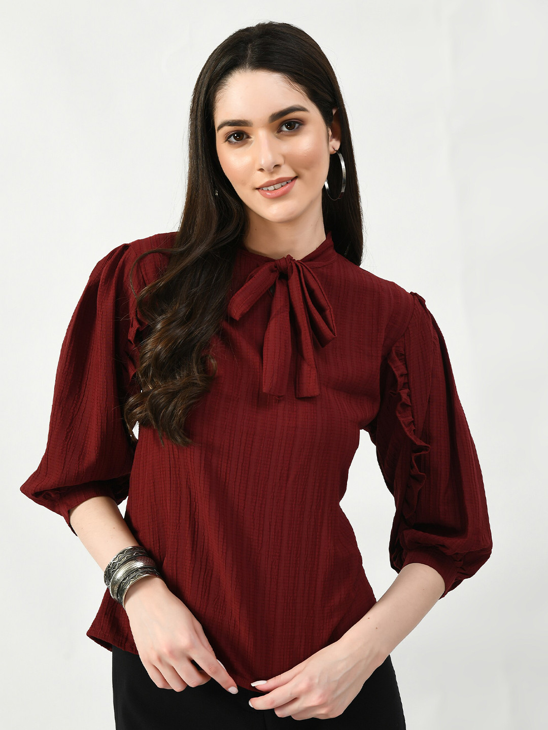 

Altiven Tie-Up Neck Cuffed Sleeves Top, Maroon