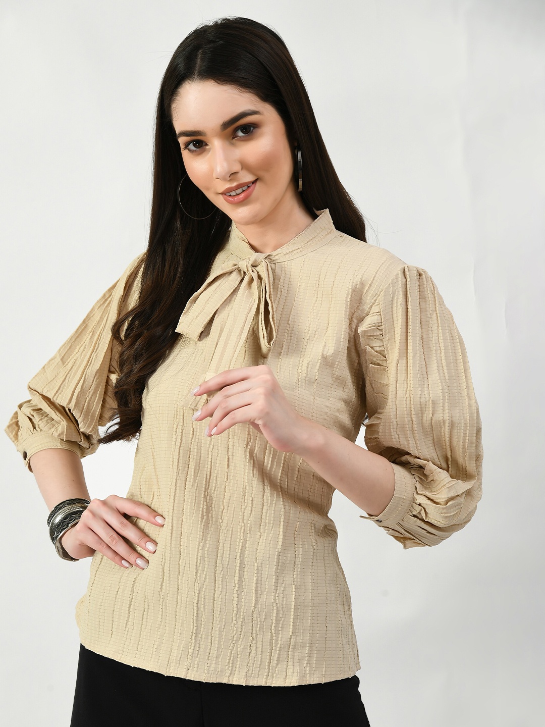 

Altiven Tie-Up Neck Puff Sleeves Top, Cream