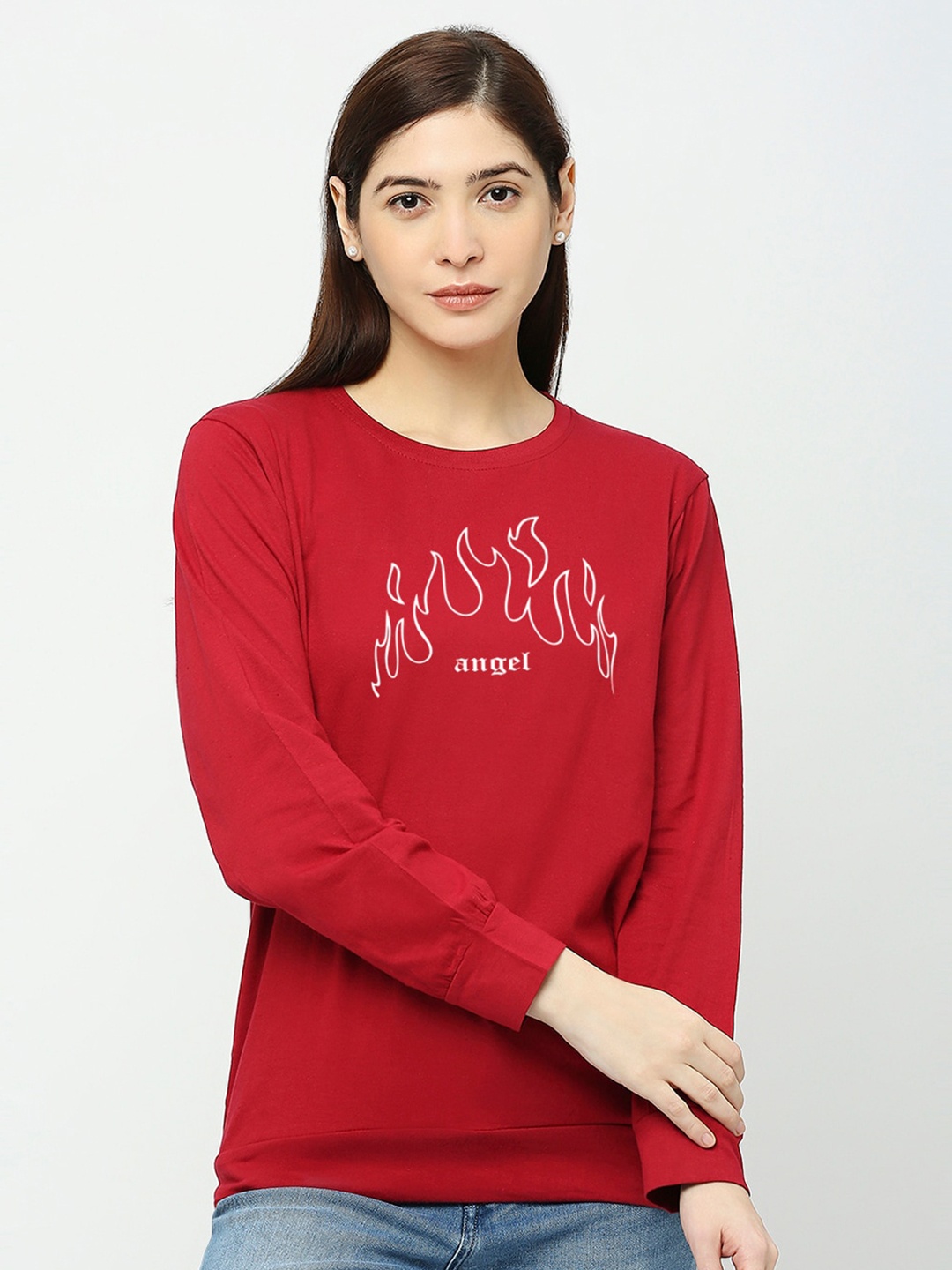 STATUS MANTRA Printed Round Neck Pure Cotton T-shirt, Maroon