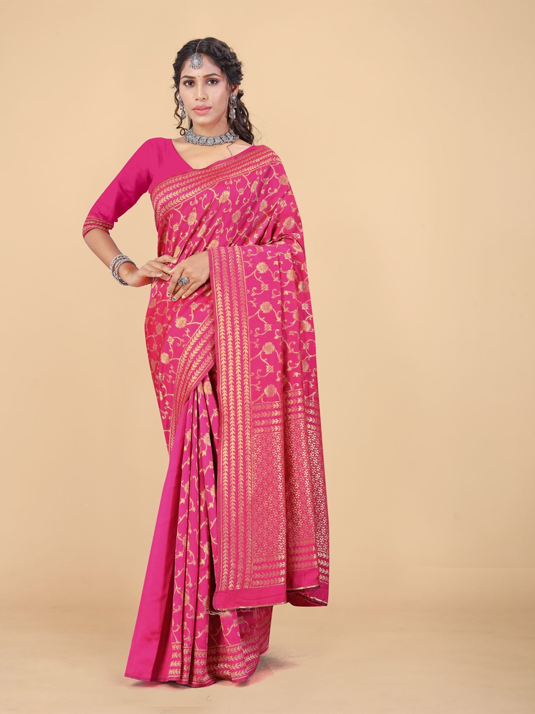 

MAGMINA Ethnic Motifs Woven Design Zari Banarasi Saree, Pink