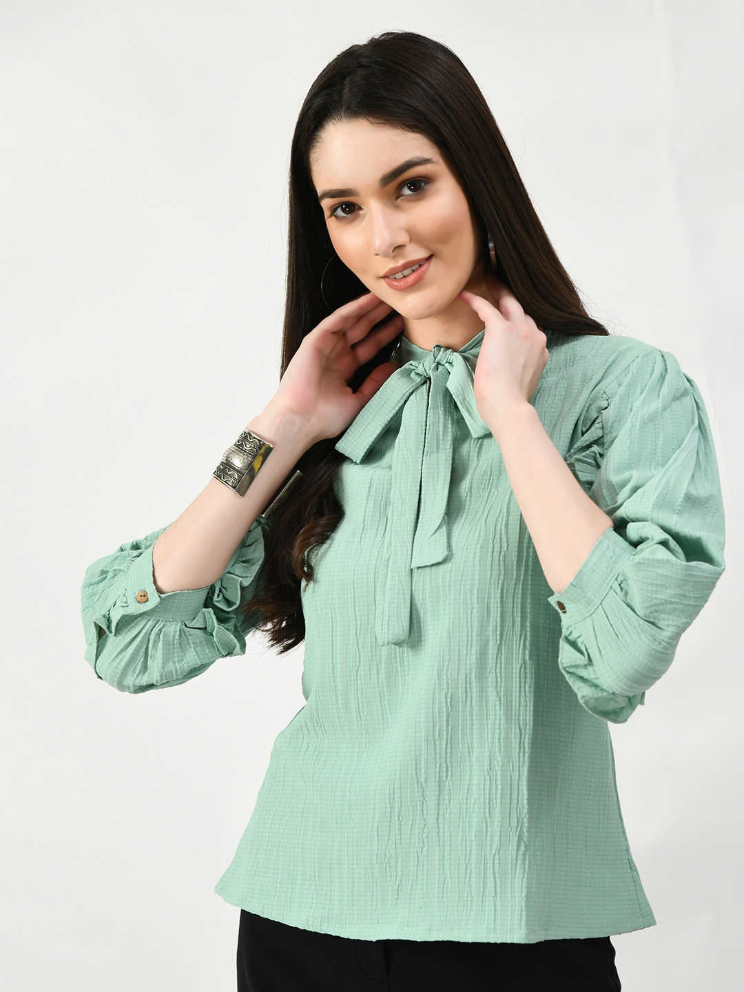 

Altiven Tie-Up Neck Cuffed Sleeves Top, Green