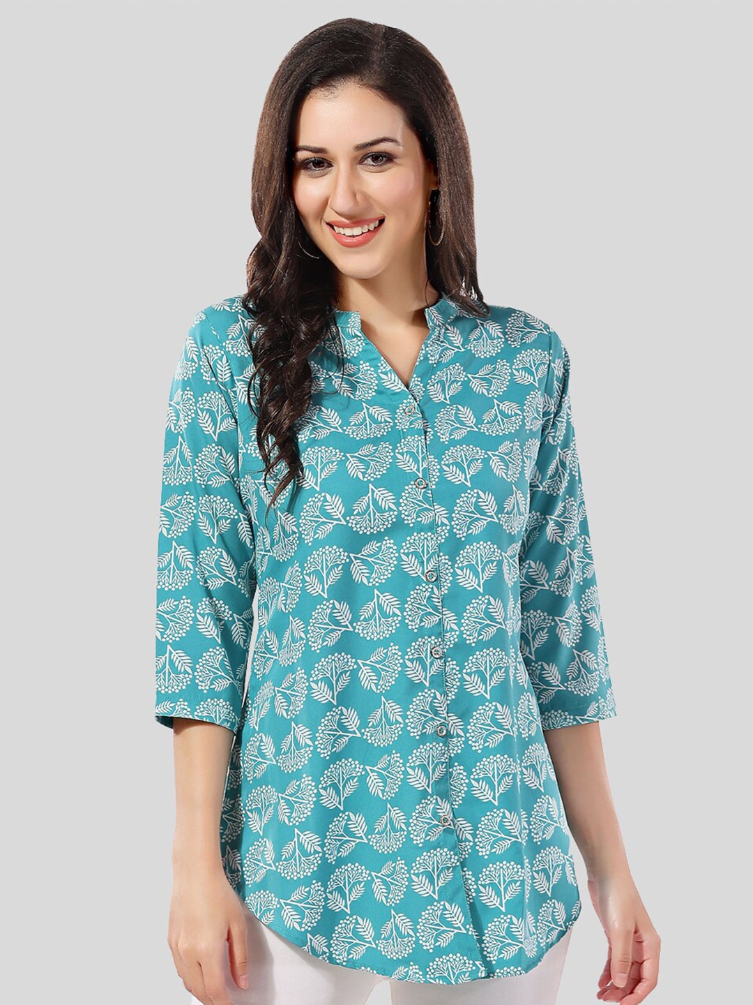 

Saree Swarg Floral Printed Mandarin Collar Kurti, Blue