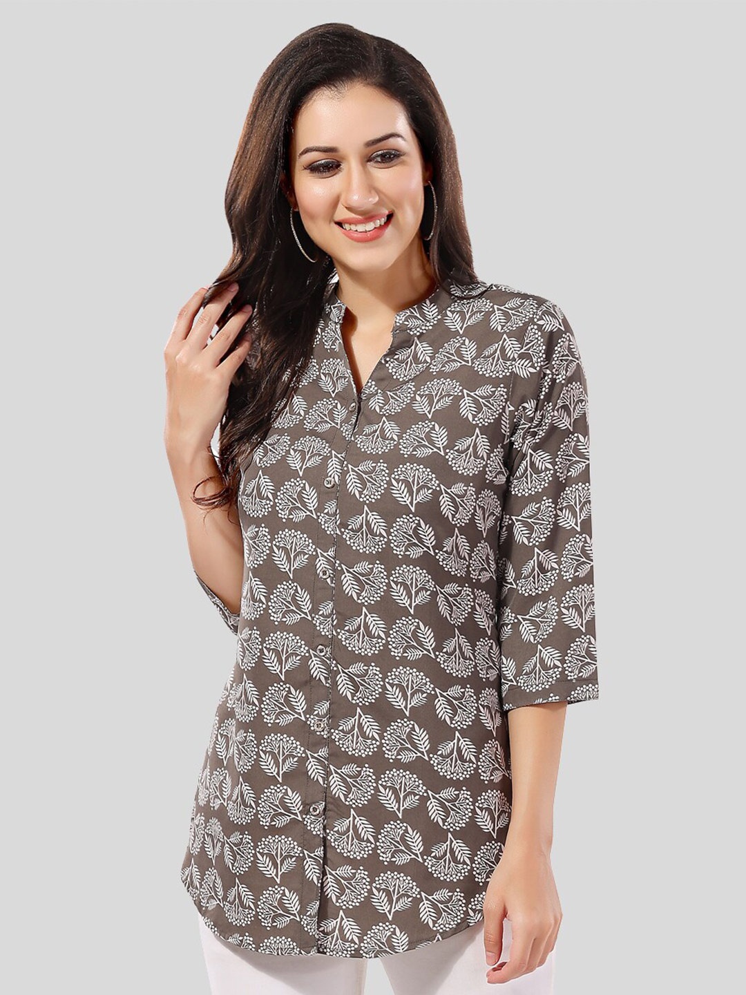 

Saree Swarg Floral Printed Mandarin Collar Kurti, Grey