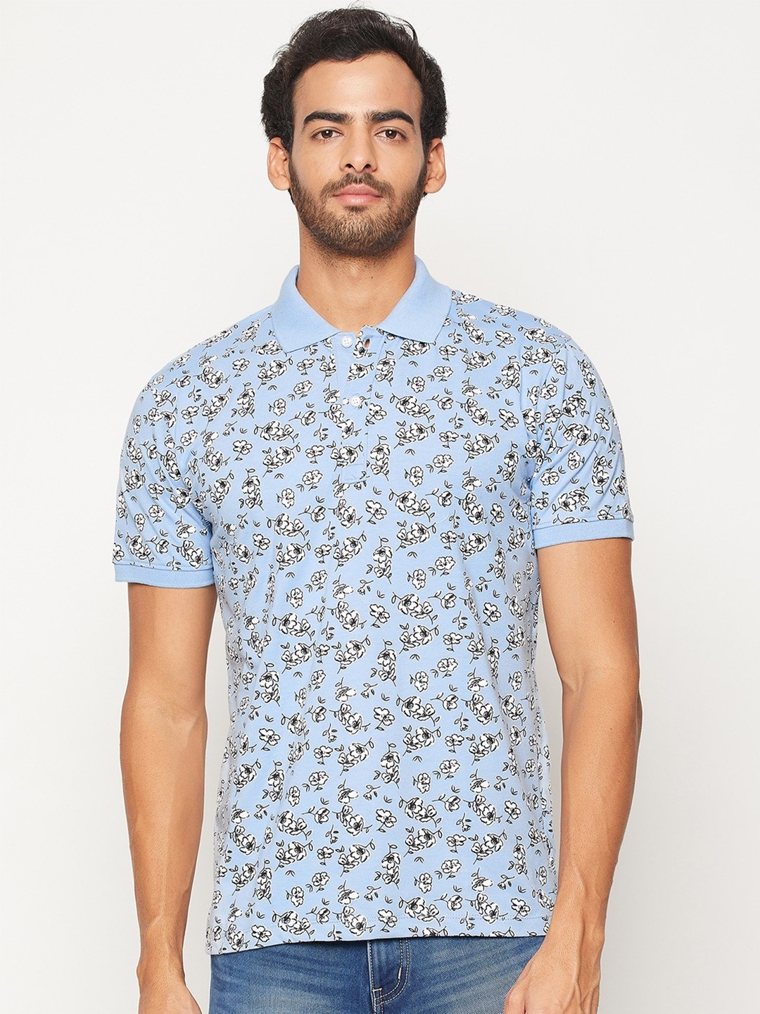 

WILD WEST Floral Printed Polo Collar Cotton T-shirt, Blue