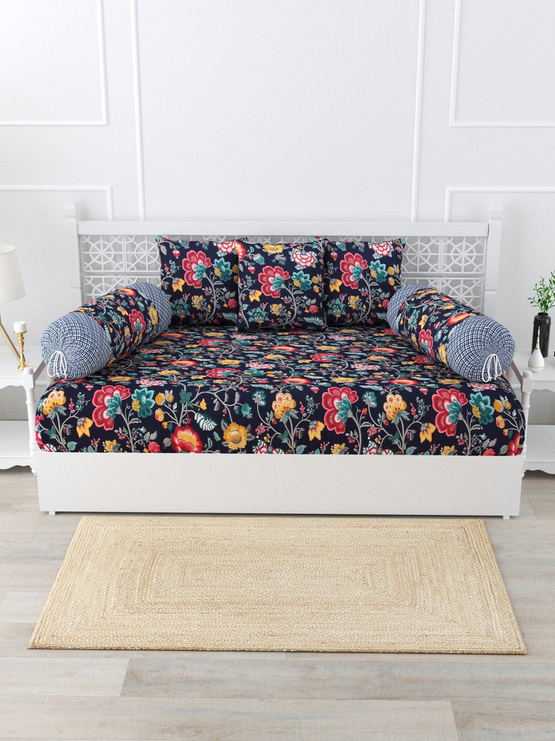 

Salona Bichona Cream-Colored 6 Pieces Printed 120 TC Diwan Set, Navy blue
