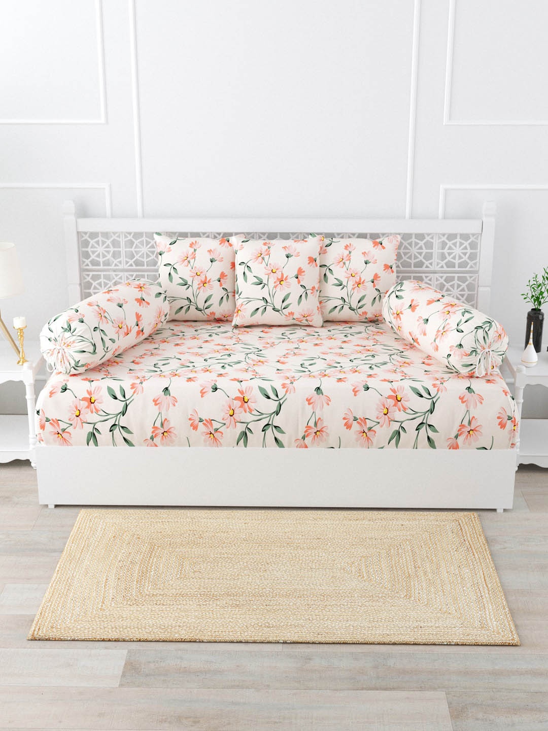 

Salona Bichona Cream-Colored 6 Pieces Printed 144 TC Diwan Set