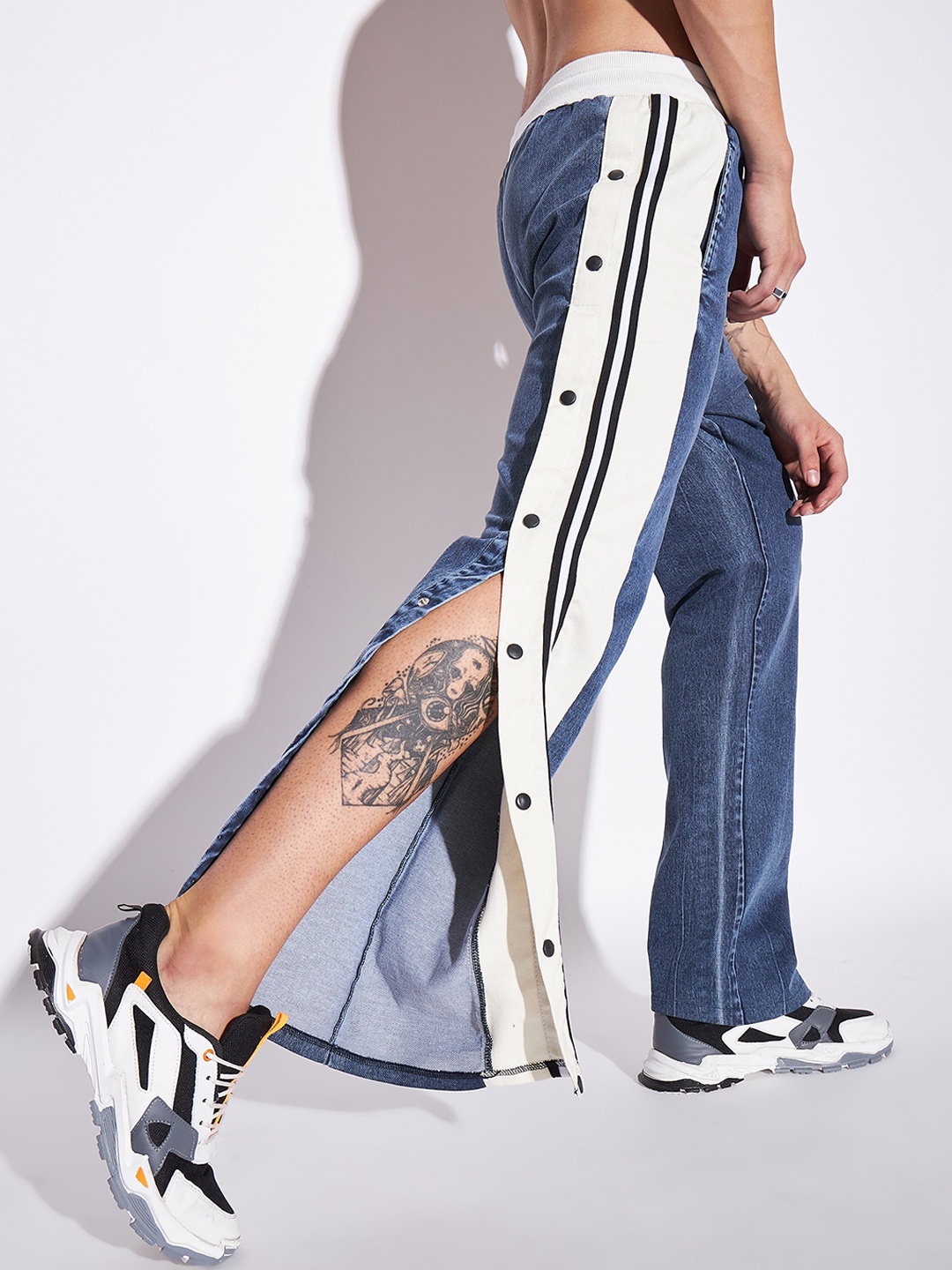 

FUGAZEE Blue Men Washed Snapbutton Detail Flared Pure Cotton Track Pants